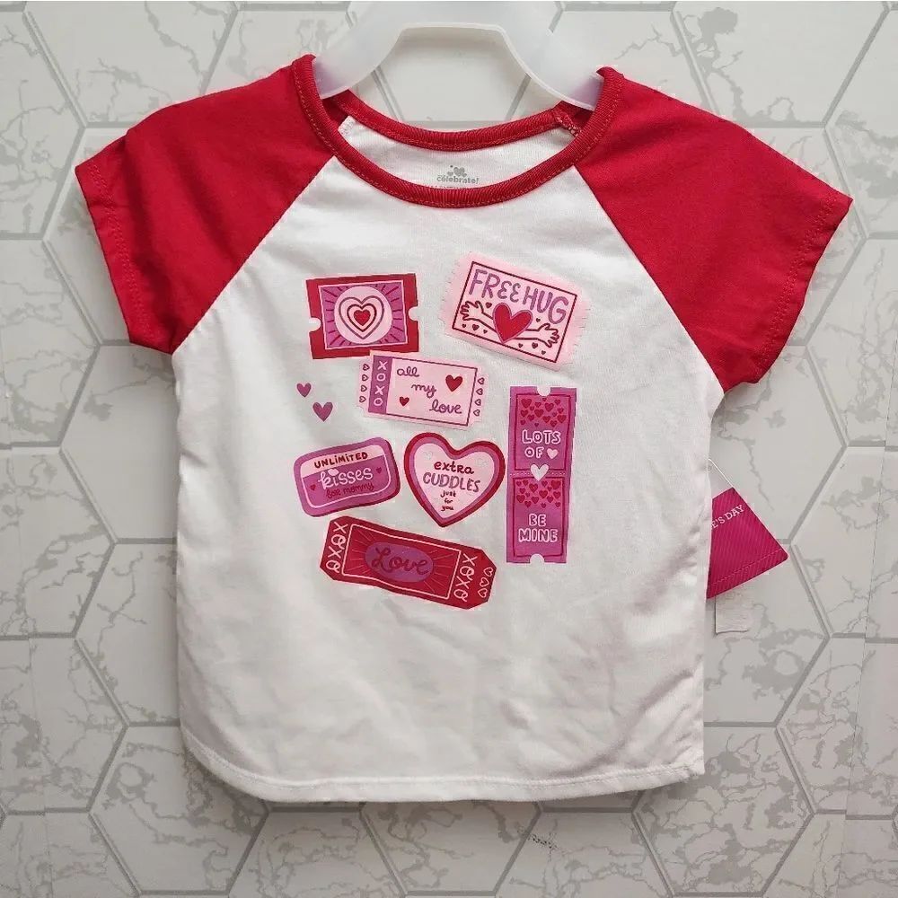 NWT Novelty Girls Valentine's Day T-Shirt Tickets on White Hearts Pink Red White